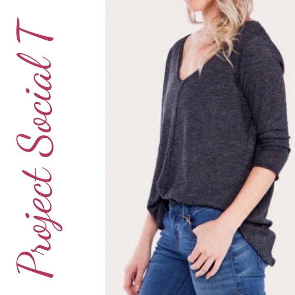 NWT PROJECT SOCIAL T DEBBIE V-NECK PLUNGE RAW EDGE RELAXED TEE, MEDIUM - Picture 1 of 13